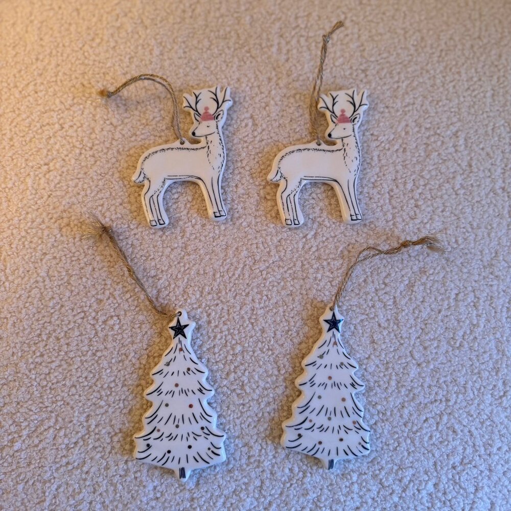 Set of 4 Ceramic Reindeer and Tree Ornaments